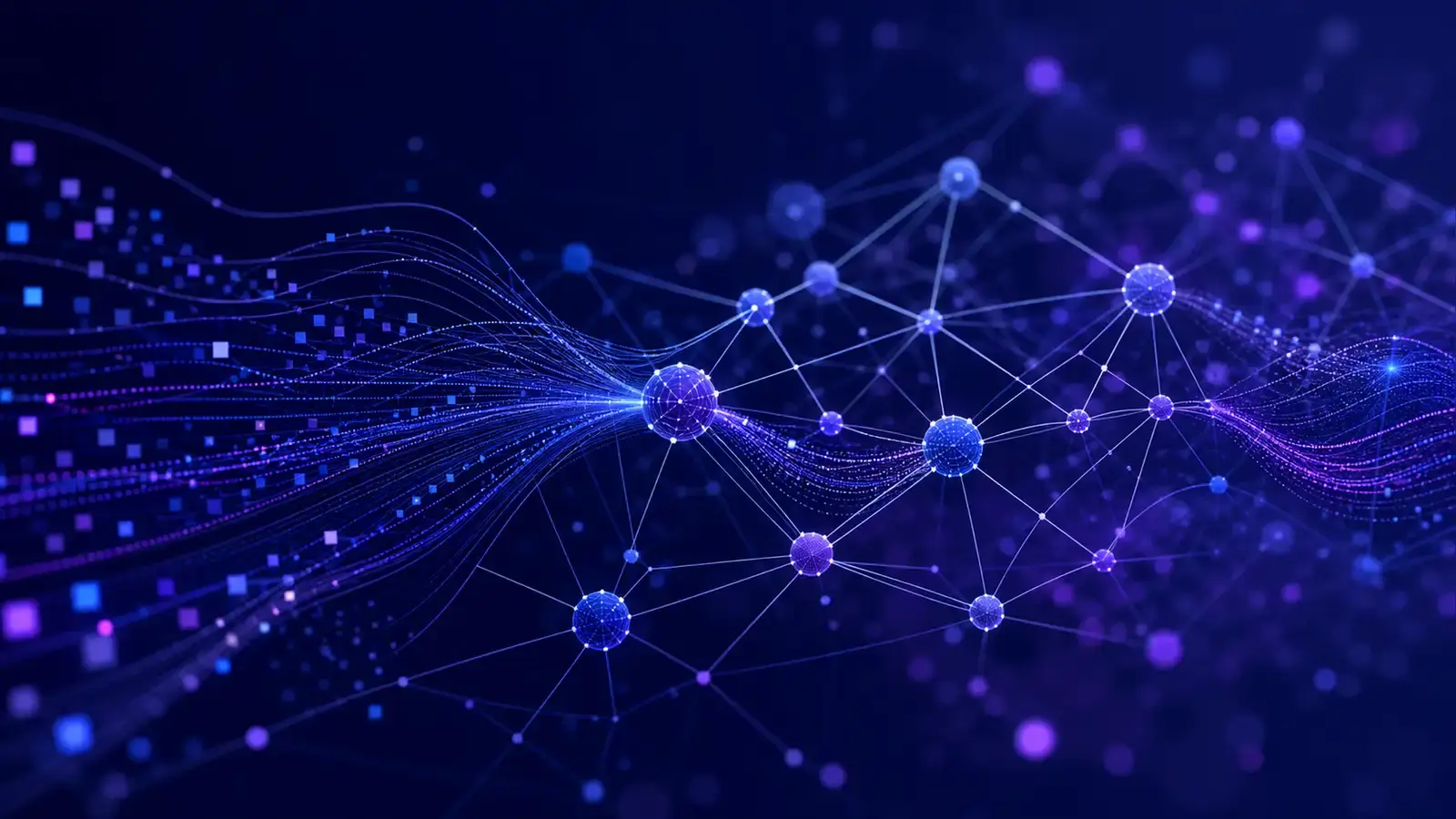企業資料流經互連節點的抽象視覺化，靛藍與琥珀色調