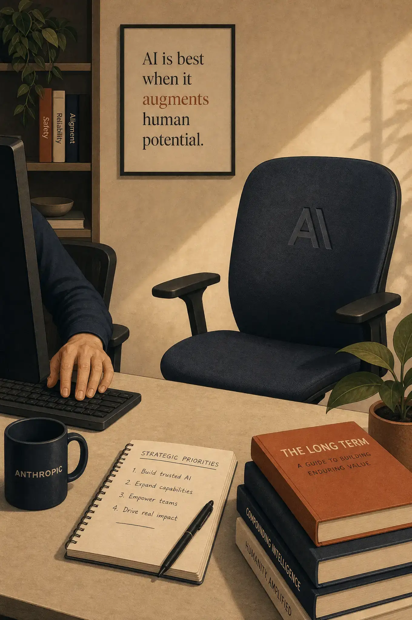 Anthropic CEO Dario Amodei 與 Claude 的抽象概念圖，背景是辦公室原本屬於人類的空座位