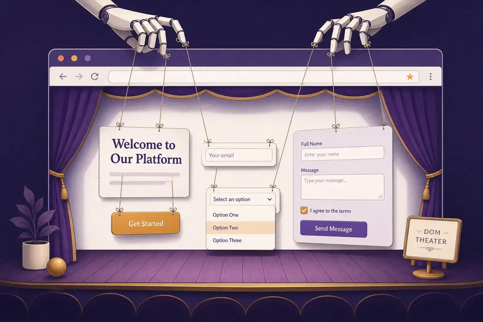 Browser-use 運作原理示意圖，展示 AI Agent 如何操控瀏覽器