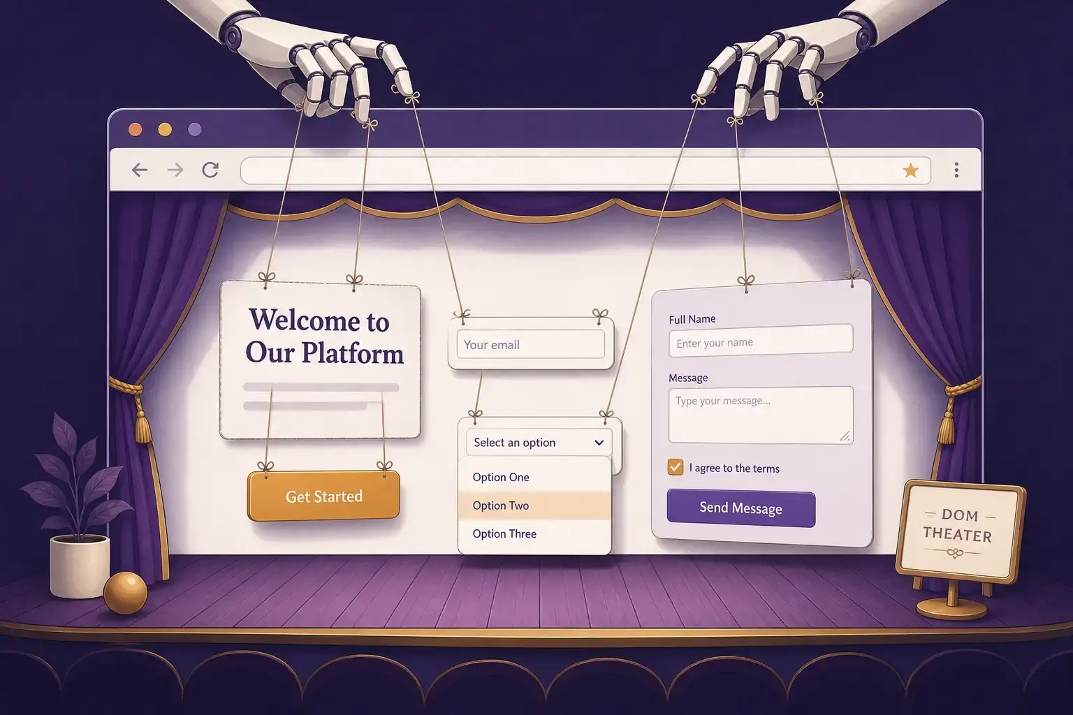 Browser-use 運作原理示意圖，展示 AI Agent 如何操控瀏覽器