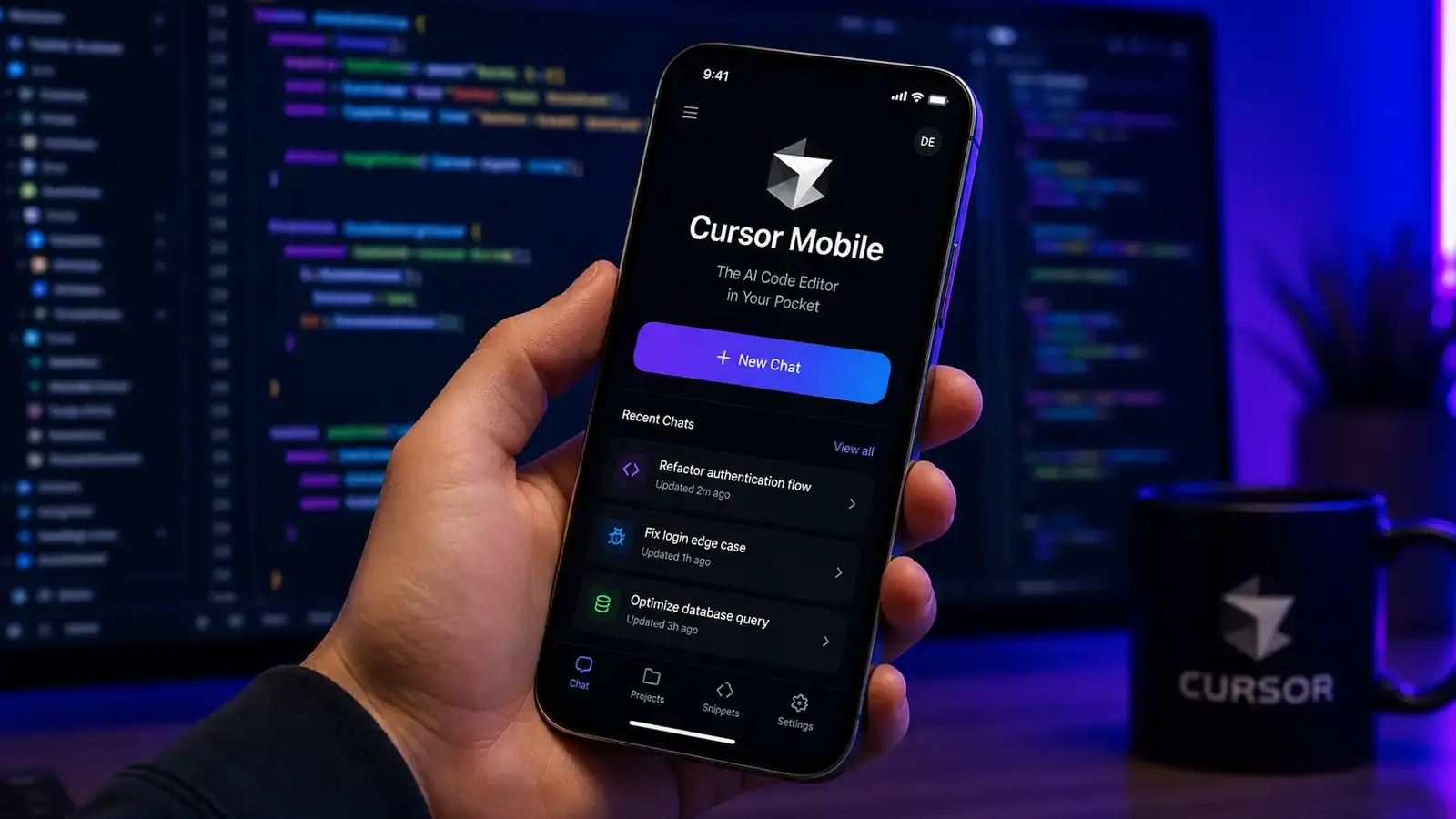 一隻手拿著手機，螢幕上顯示著 Cursor Mobile 的介面，背景是模糊的程式碼編輯器畫面，採用 SynapseWire 的漸層風格。
