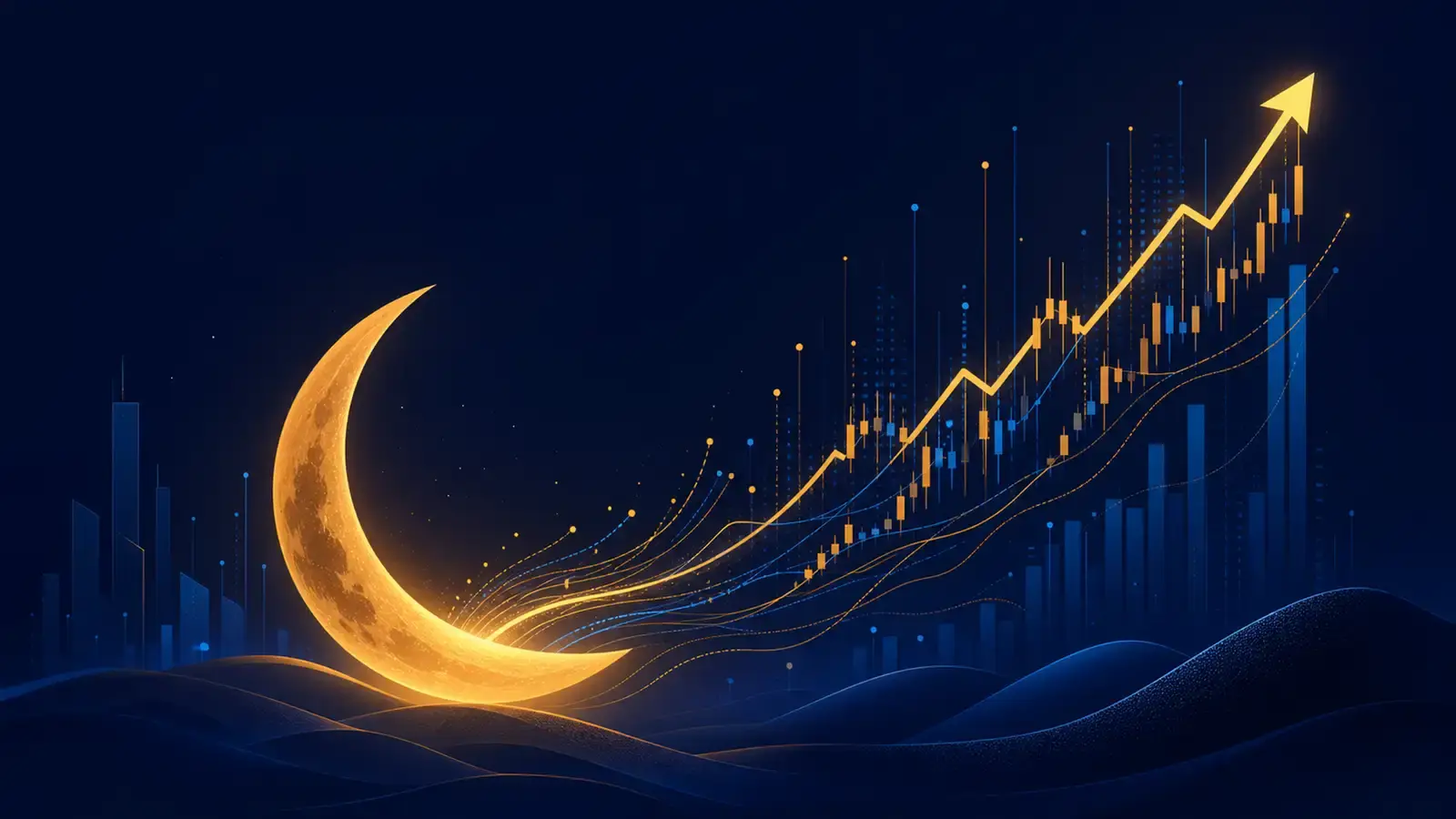 深藍色背景上月之暗面 Moonshot AI 的標誌，周圍有抽象的數據流和股票走勢圖線條，象徵 AI 新創走向資本市場