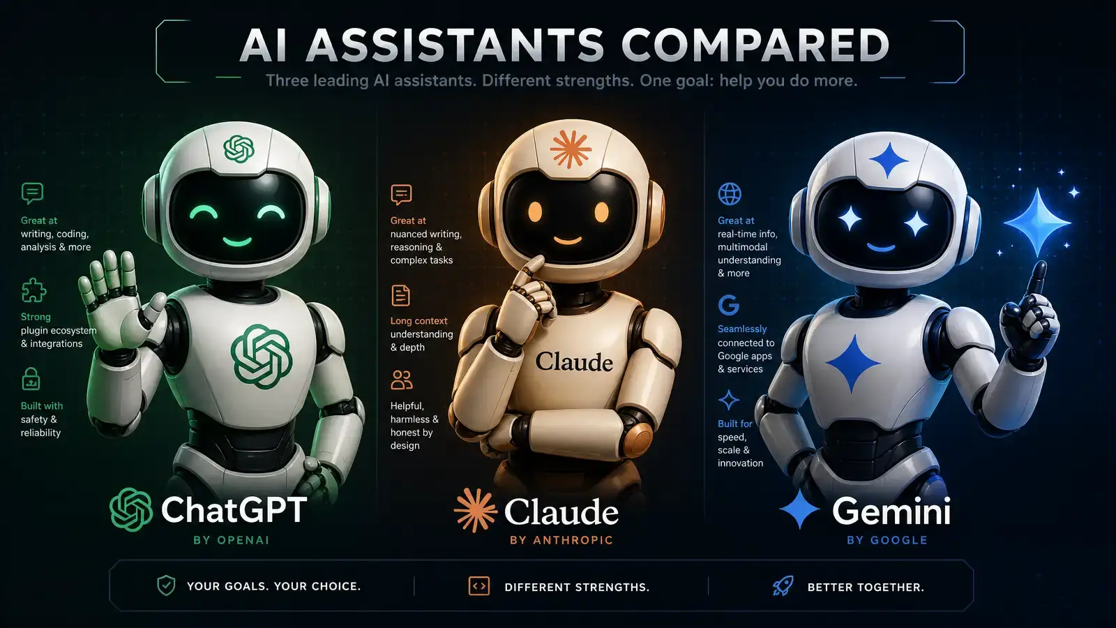 三個 AI 助手的 Logo 並排對比，深色背景帶有科技感的設計