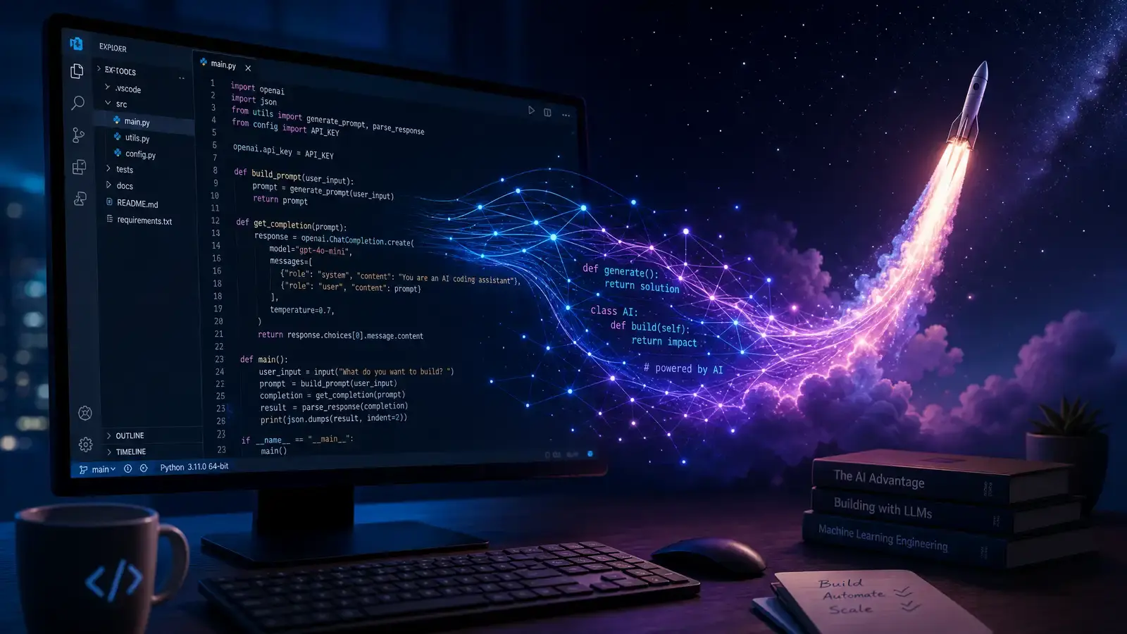 Cursor IDE 編輯器介面與 SpaceX 火箭的合成圖像