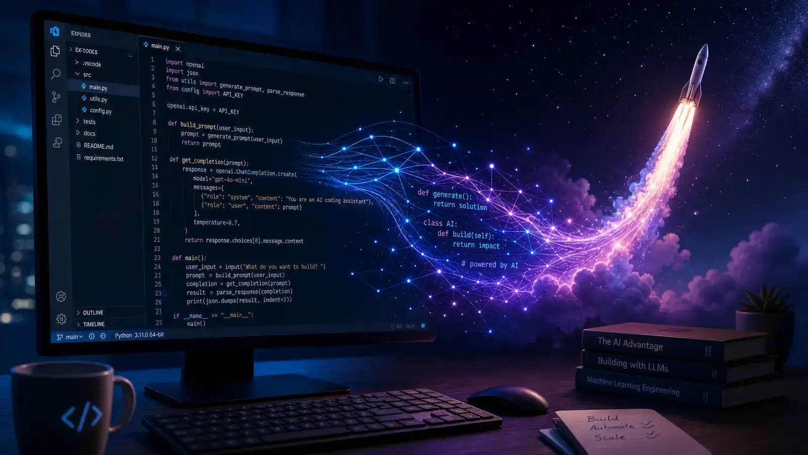 Cursor IDE 編輯器介面與 SpaceX 火箭的合成圖像