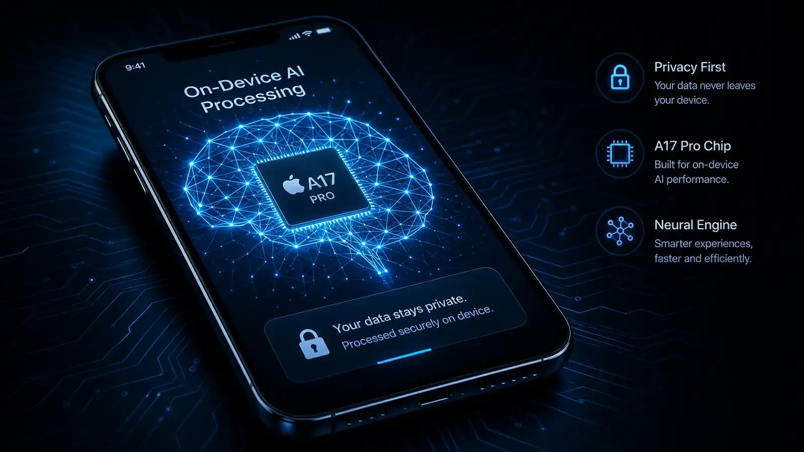 一部 iPhone 螢幕上疊加發光的神經網路圖案，象徵端側 AI 運算