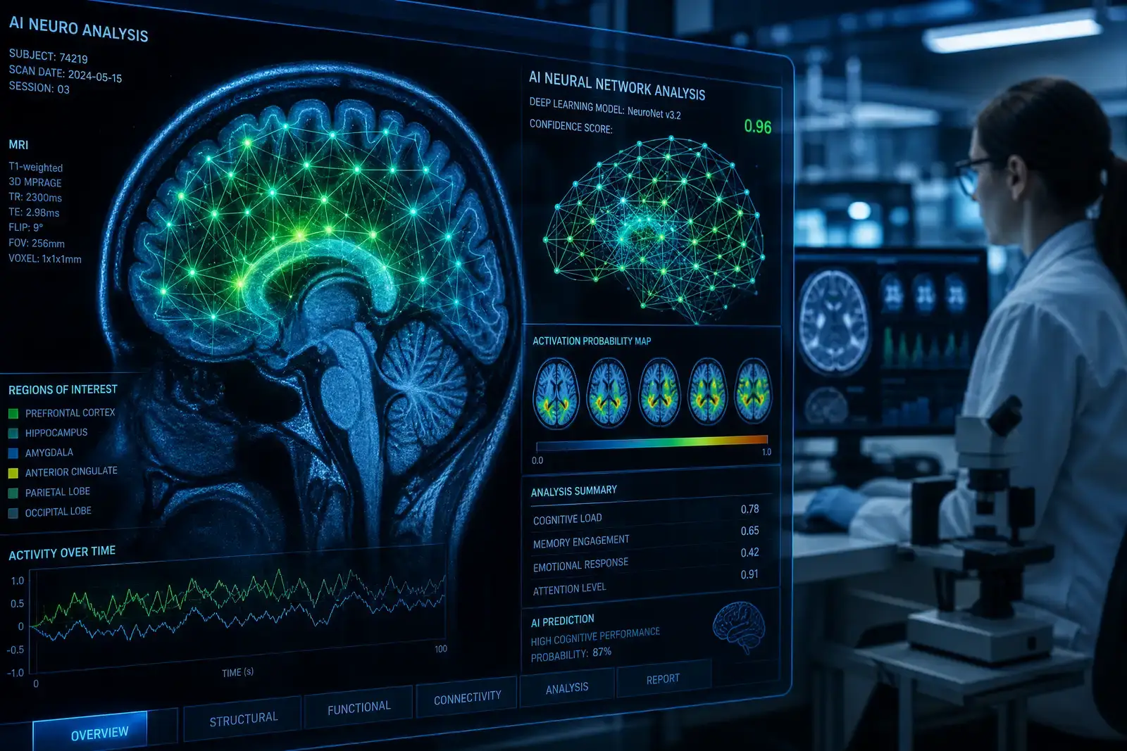 AI 神經網絡視覺化疊加在腦部影像數據上，代表現代神經科學研究