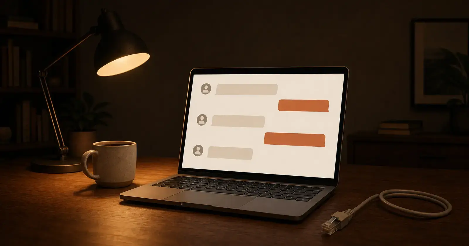 一台 Mac 筆電在木質桌面上離線執行本地語言模型介面的編輯插畫