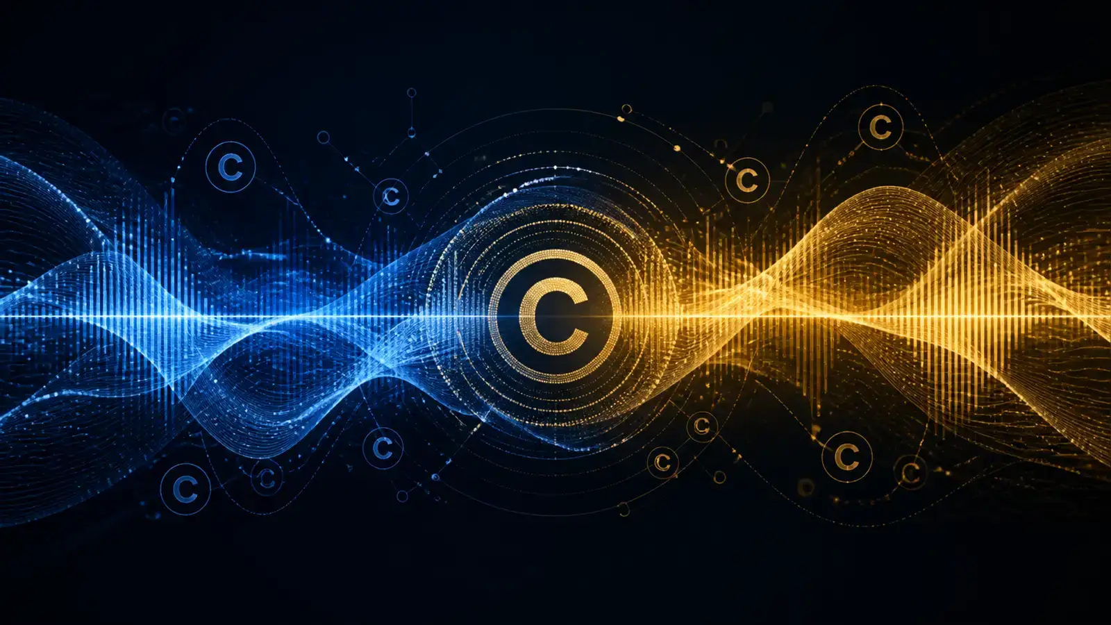 一個波形視覺化圖案中嵌入了版權符號，代表 AI 生成音樂與智慧財產權法的交匯