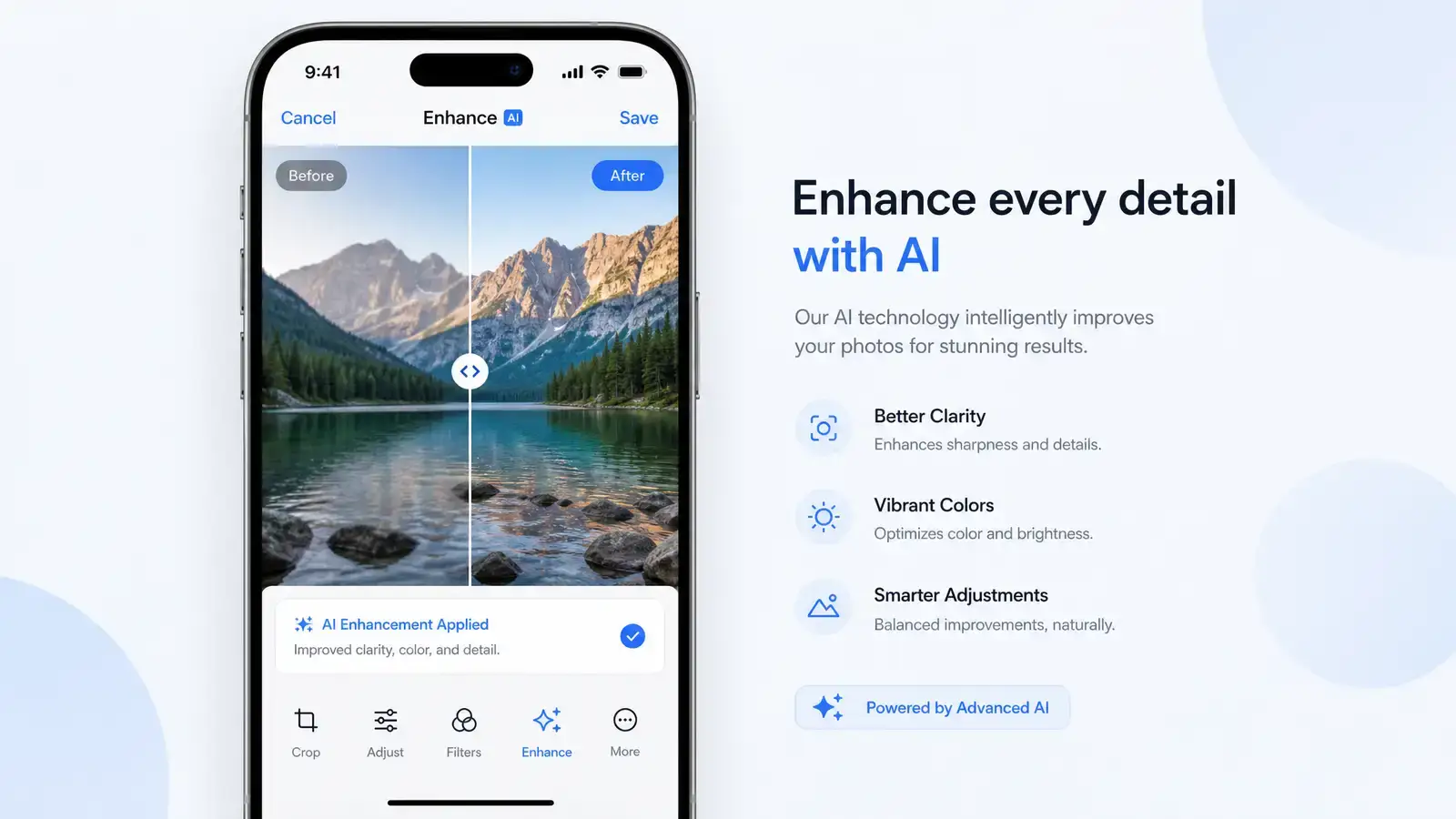 iPhone 照片 App 介面搭配 AI 編輯功能示意圖