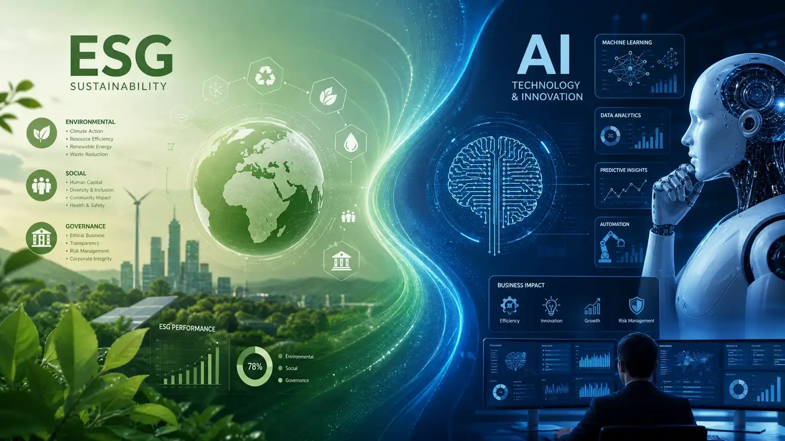 ESG 概念圖逐漸被 AI 晶片與機器人取代的視覺過渡