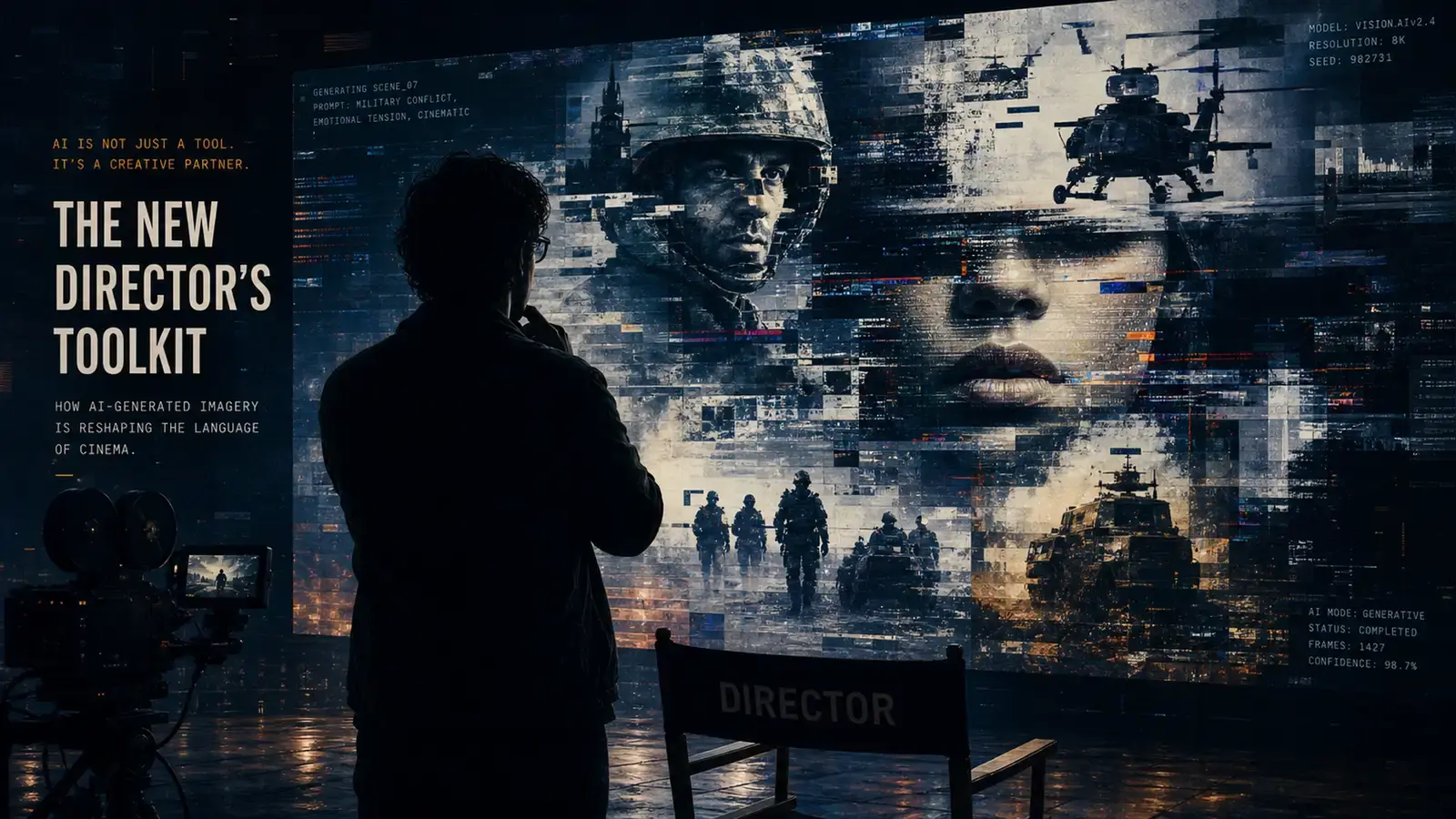 Neill Blomkamp 全 AI 生成短片《Nightborne》中的暗色調畫面：軍人剪影立於刺眼的人工光源前，帶有紀錄片式的粗糙質感